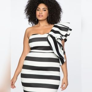 Eloquii Striped Ruffle Shoulder Strapless Dress